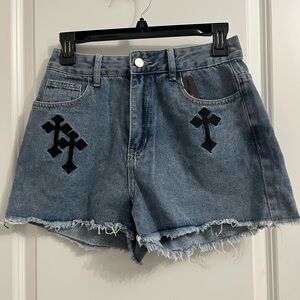 ROMWE Blue Jean Shorts with Black Cross Design